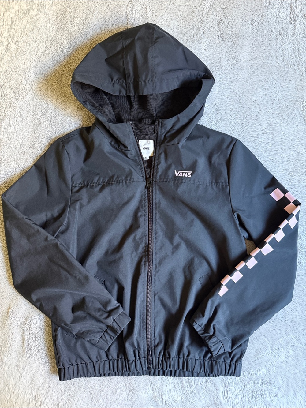 Vans Black Hooded Windbreaker Jacket with Pink Checker Sleeve